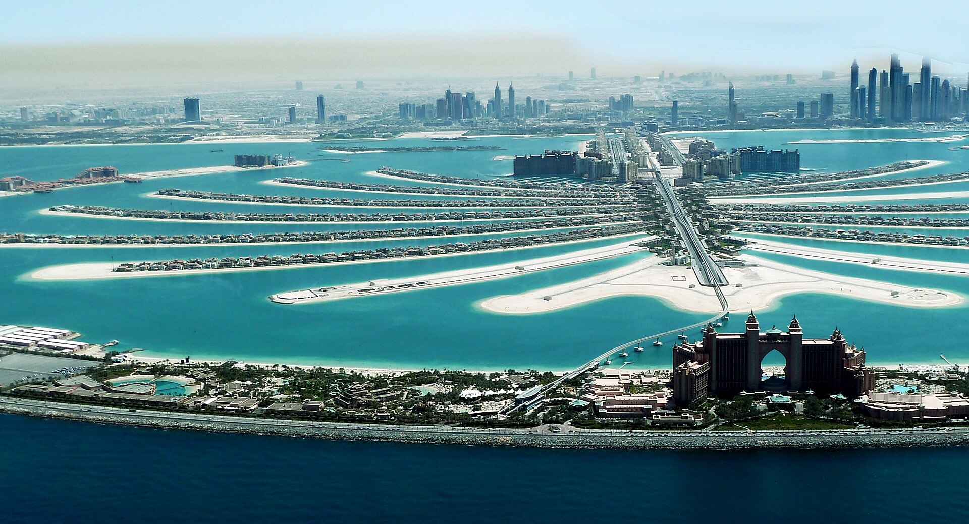 Aerial context of Palm Jumeirah and Dubai Marina