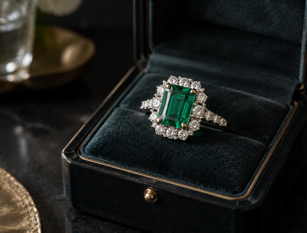 Illustrative emerald and diamond ring